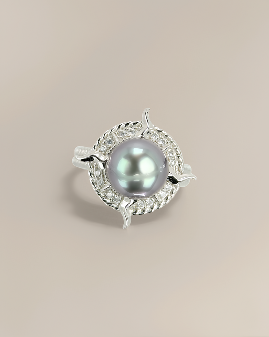 Nyra | Sculpted Ring with Violet-Green Tahitian Pearl