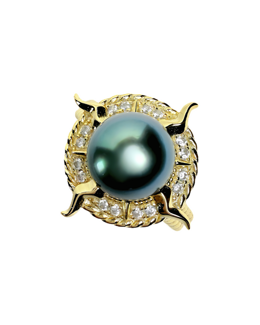 Solara | Adjustable Sun Ring with Green Tahitian Pearl