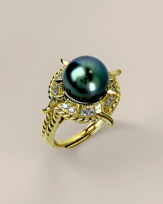 Solara | Adjustable Sun Ring with Green Tahitian Pearl